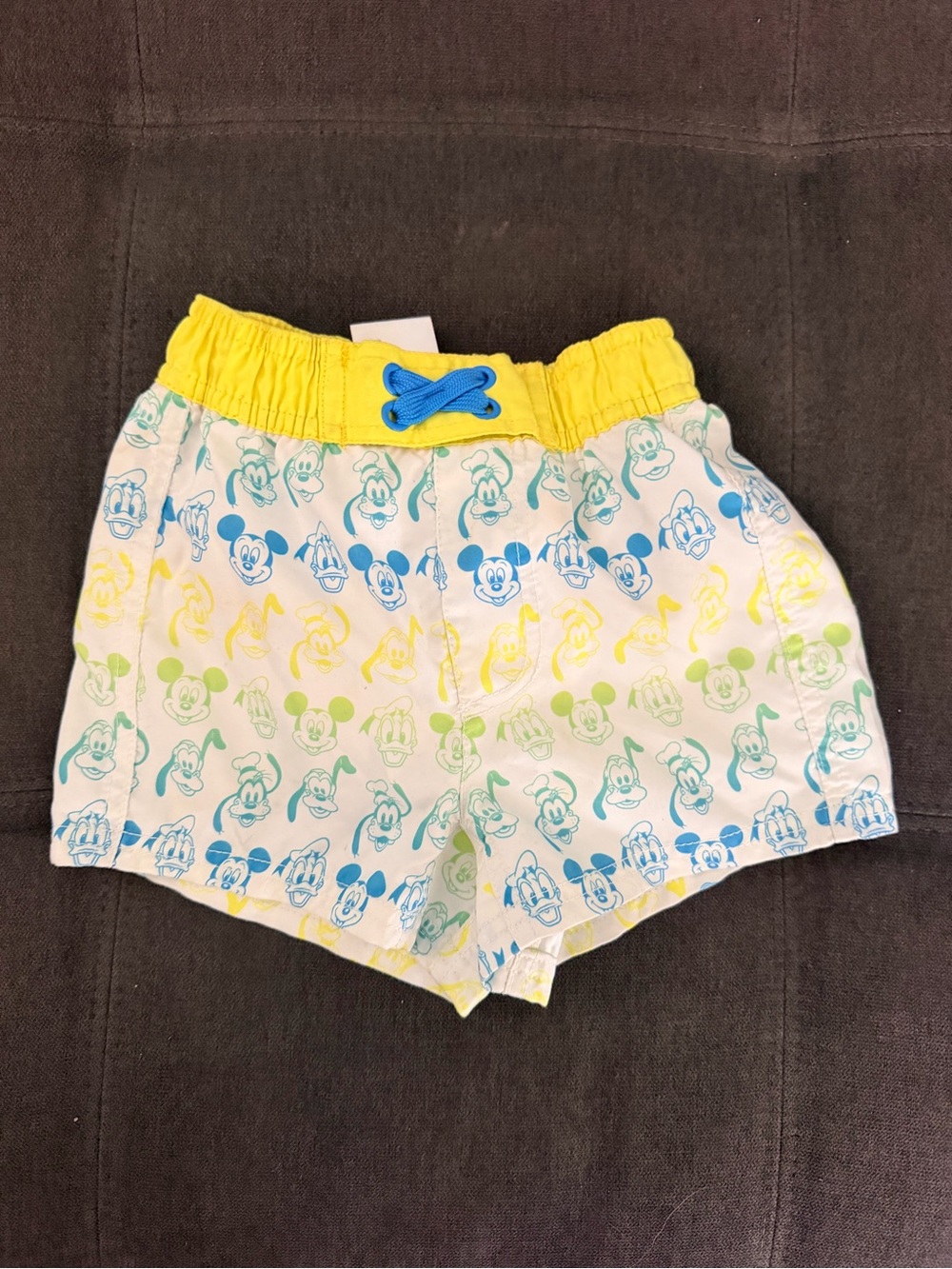 Disney White Swim Shorts with Yellow Waistband and Blue Drawstring